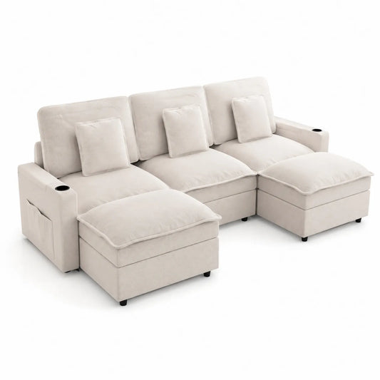 Ecksofa mit Ottomane Polyester Beige 280cm x 160cm