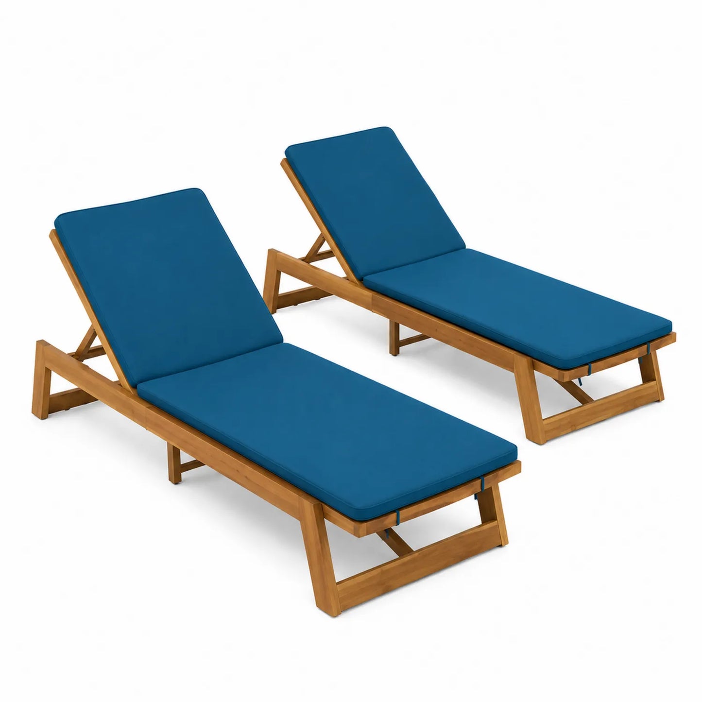 2er-Set Sonnenliegen aus Holz mit blauen Kissen
