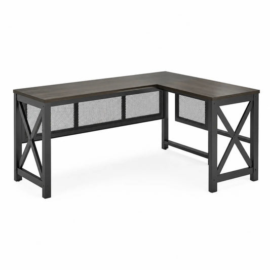 Eckschreibtisch L-Form Holz Metall Dunkelbraun/Schwarz 150x120x75 cm